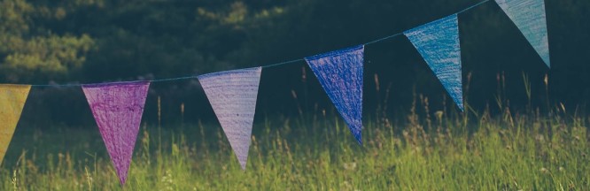 bunte Wimpelkette vor einer grünen Wiese