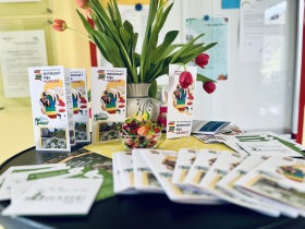 Tisch mit Blumen und Info Flyern vom Kindergarten 